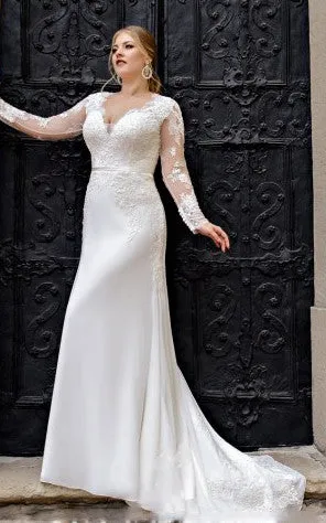 Casual A Line Floor-length Long Sleeve Satin V-neck Wedding Dress with Appliques-716190