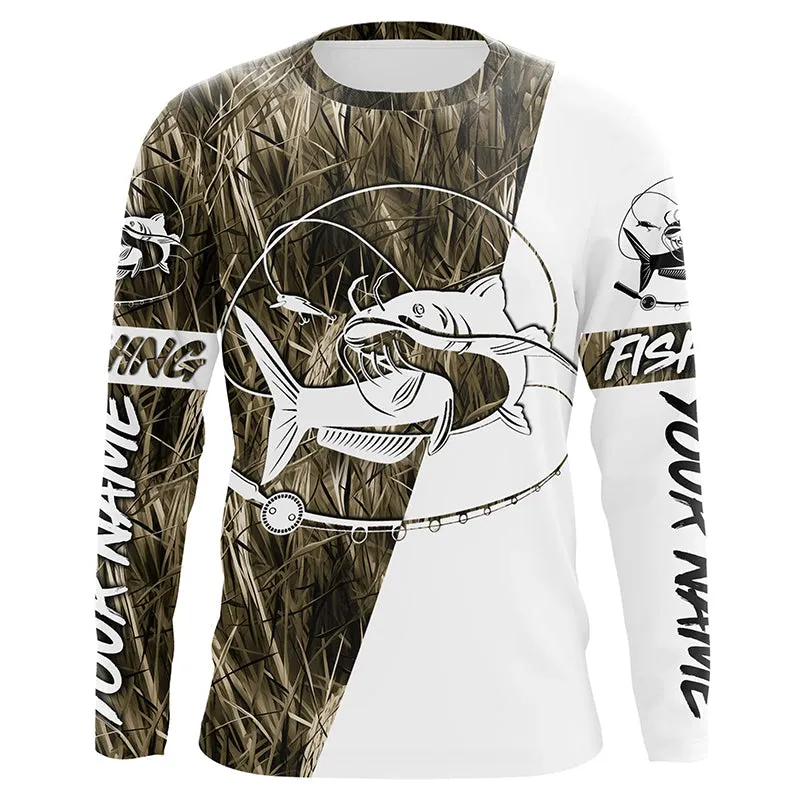 Catfish Fishing Grass Camo Custom Long Sleeve Fishing Shirts, Catfish Tournament Fishing Jerseys