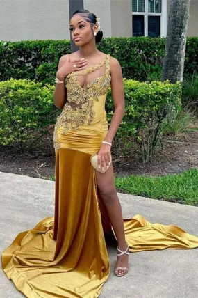 Charming Gold Long Mermaid One Shoulder Satin Appliques Lace Prom Dress with Slit