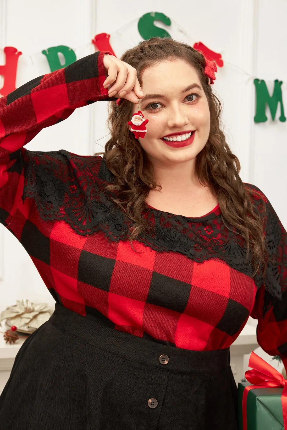 Christmas Lace Neck Plaid Long Sleeve T-shirt