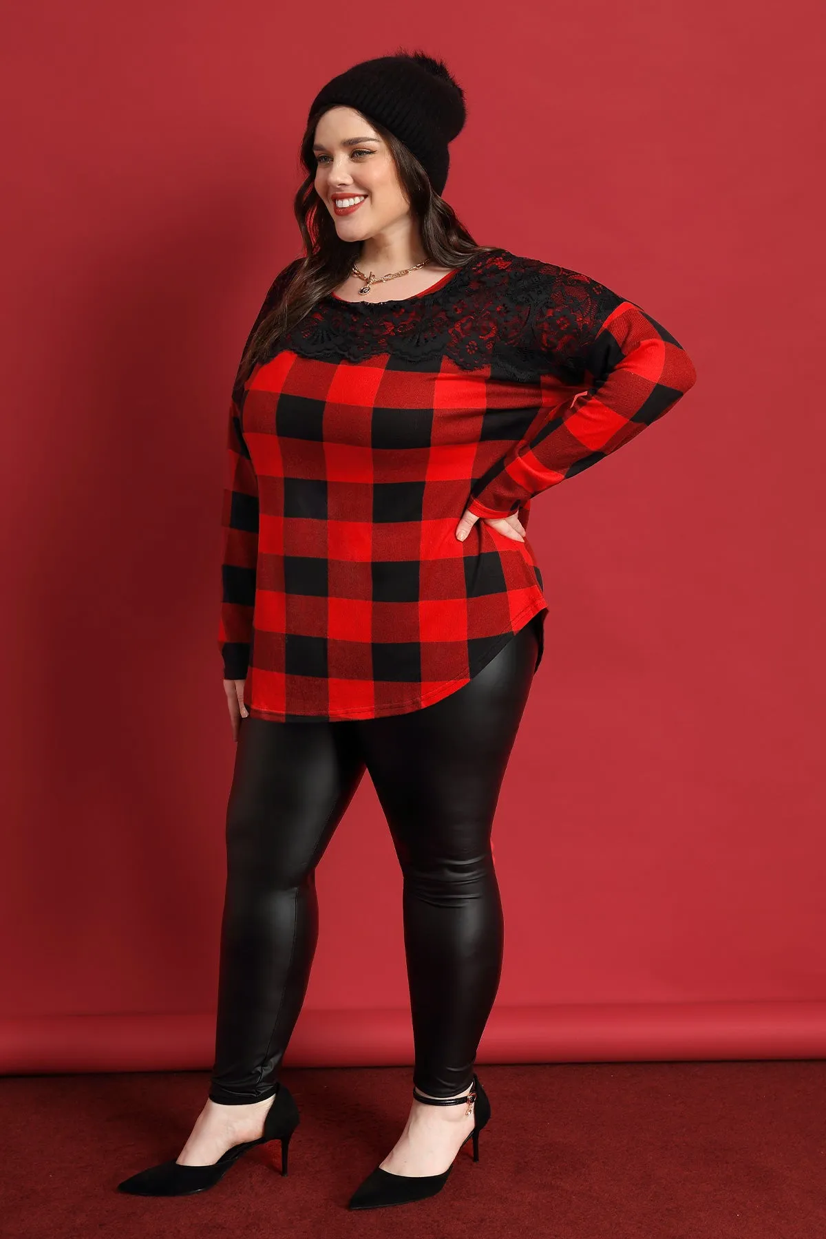 Christmas Lace Neck Plaid Long Sleeve T-shirt