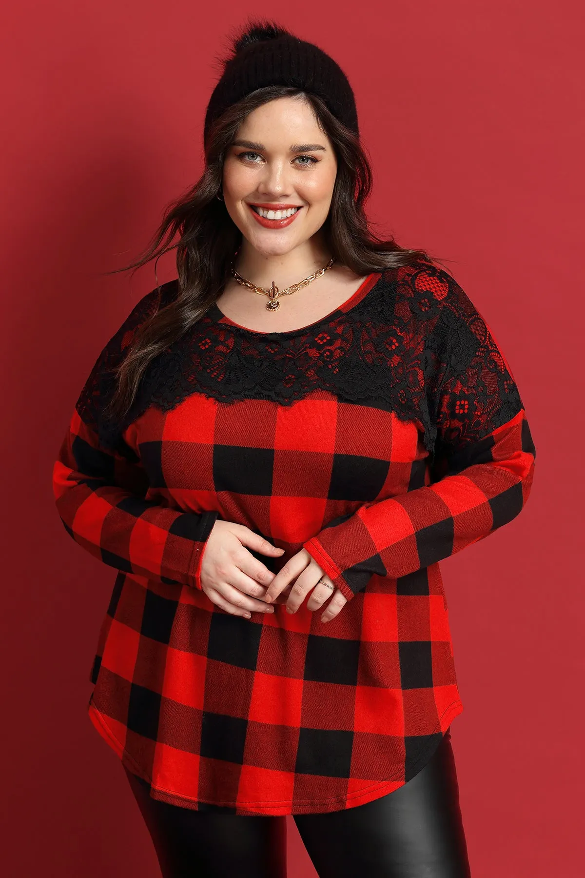 Christmas Lace Neck Plaid Long Sleeve T-shirt