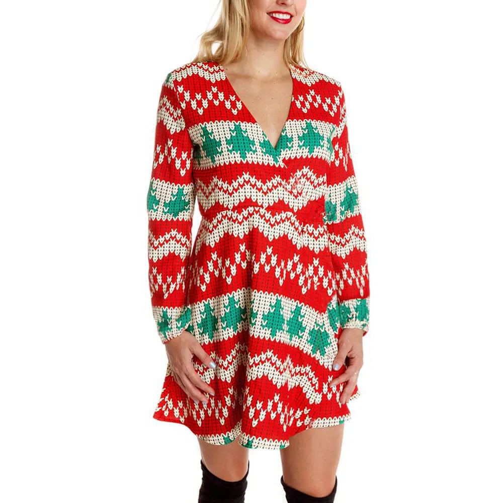 Christmas Print V Neck Empire Waist A Line Dress