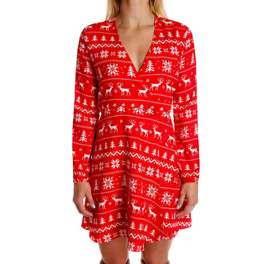 Christmas Print V Neck Empire Waist A Line Dress