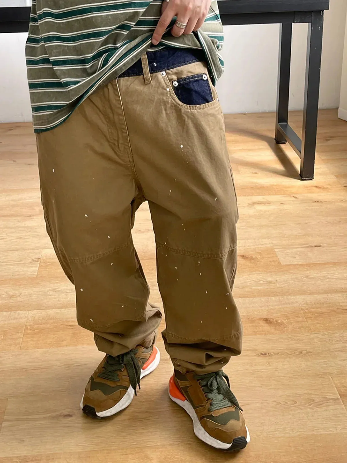 Contrast Waistband Paint Splash Workwear Cargo Pants