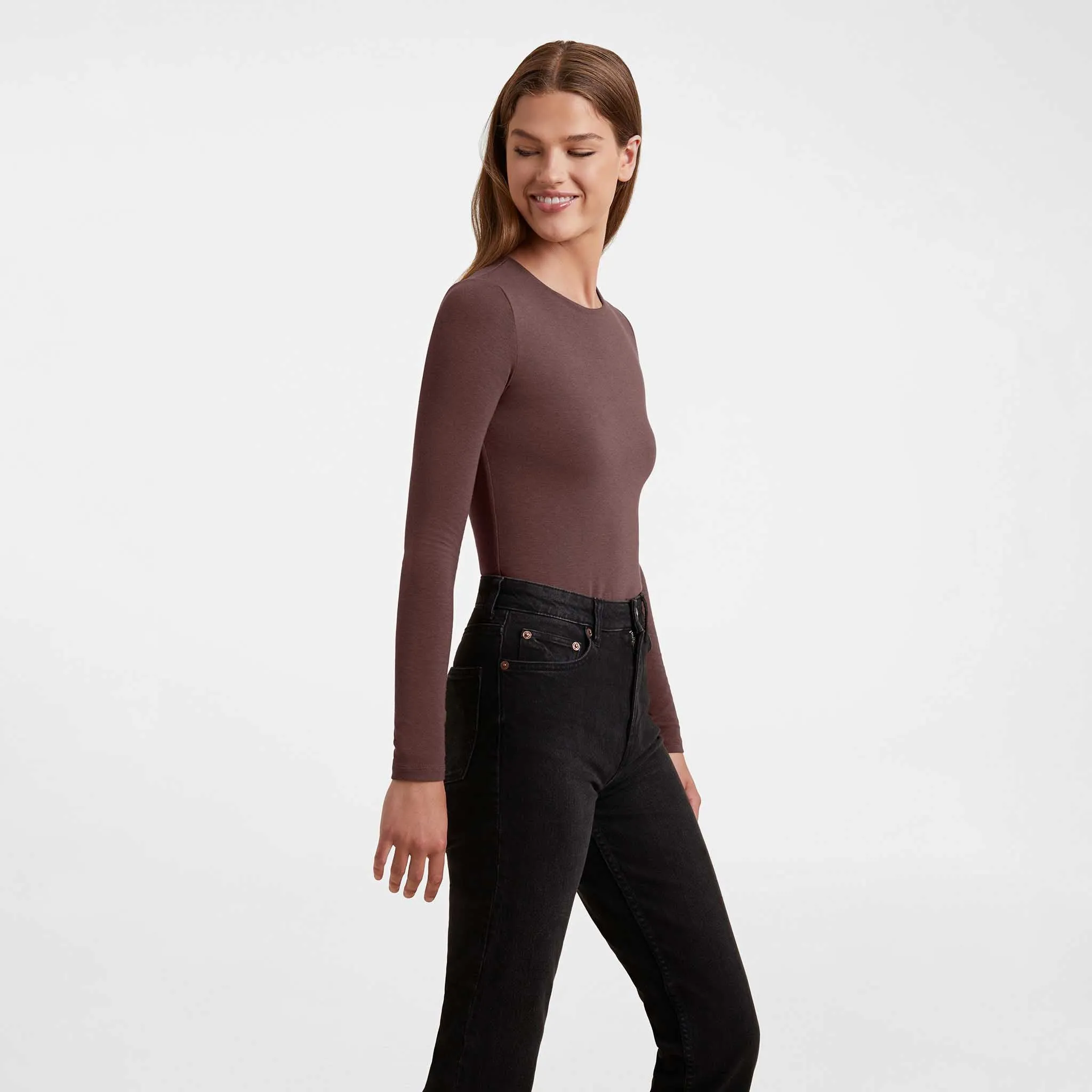 Cotton Stretch Long Sleeve Crewneck Bodysuit | Coffee