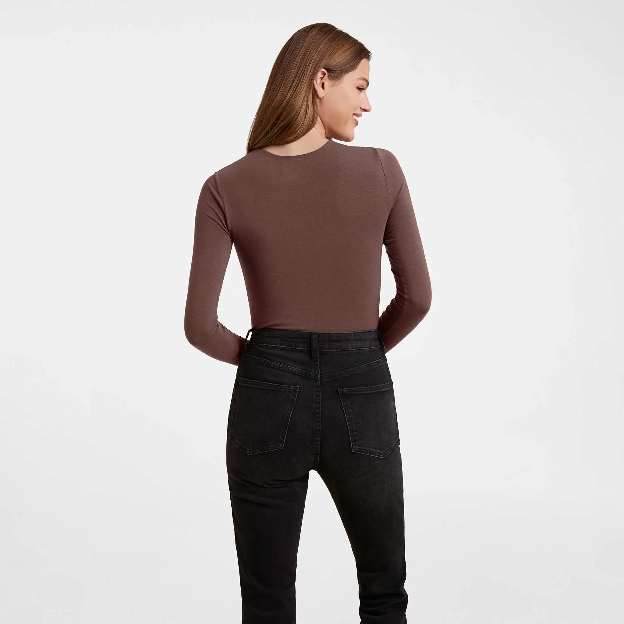 Cotton Stretch Long Sleeve Crewneck Bodysuit | Coffee