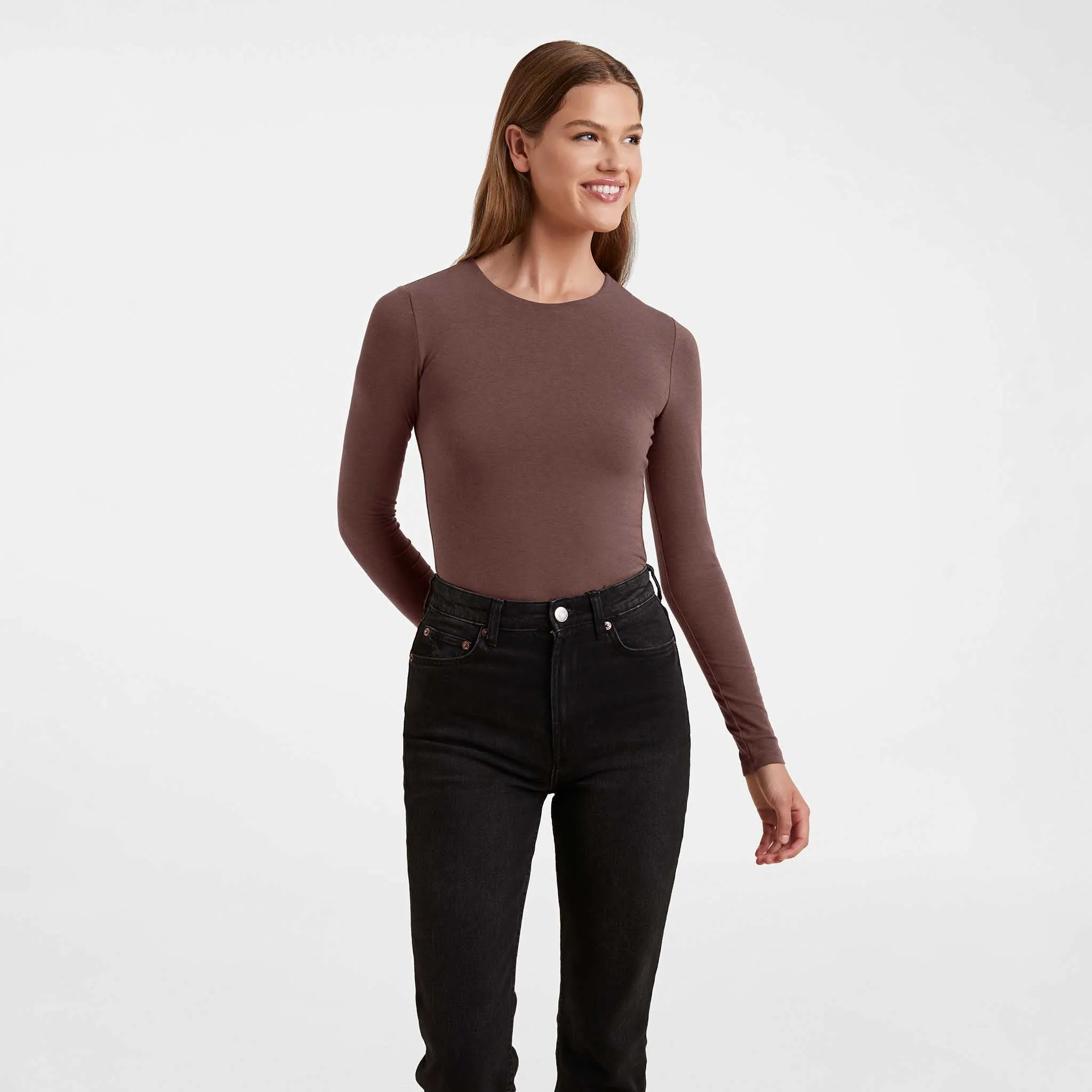 Cotton Stretch Long Sleeve Crewneck Bodysuit | Coffee