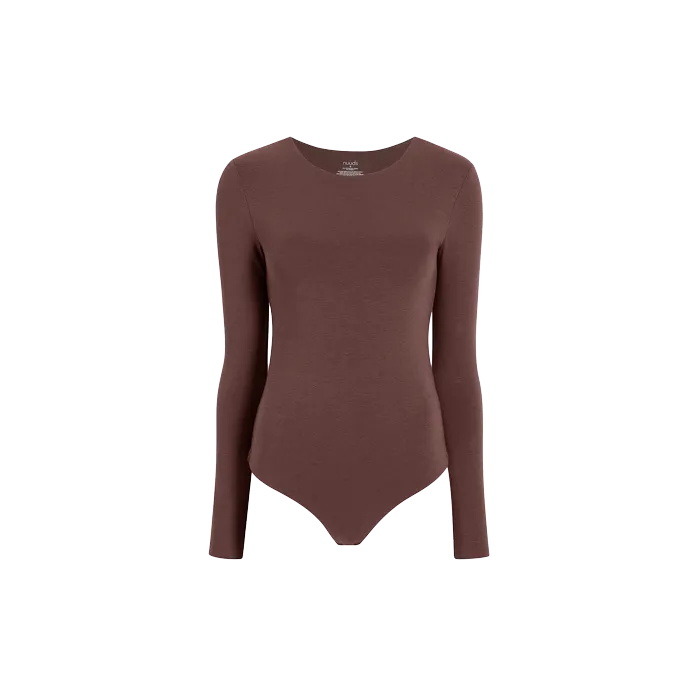 Cotton Stretch Long Sleeve Crewneck Bodysuit | Coffee