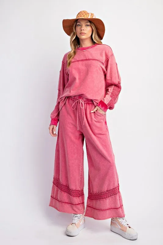 Crochet Tape Detail Terry Knit Pants Magenta