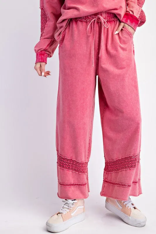 Crochet Tape Detail Terry Knit Pants Magenta