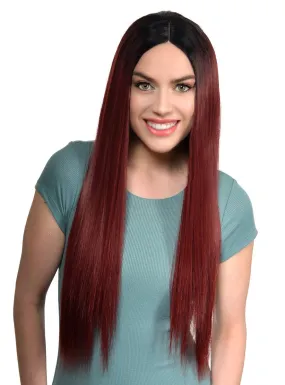 Deep Burgundy Rooted Long Straight Lace Part Fashion Wig