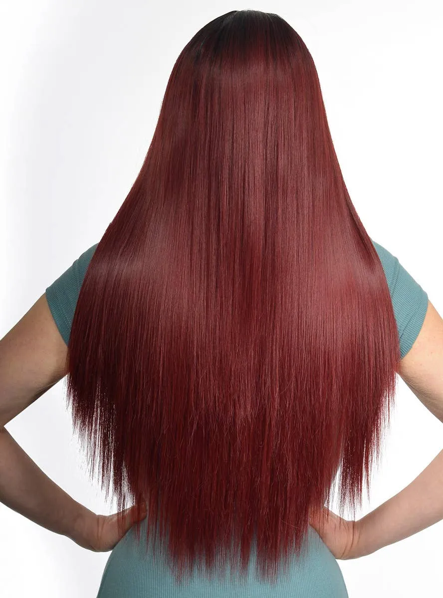 Deep Burgundy Rooted Long Straight Lace Part Fashion Wig