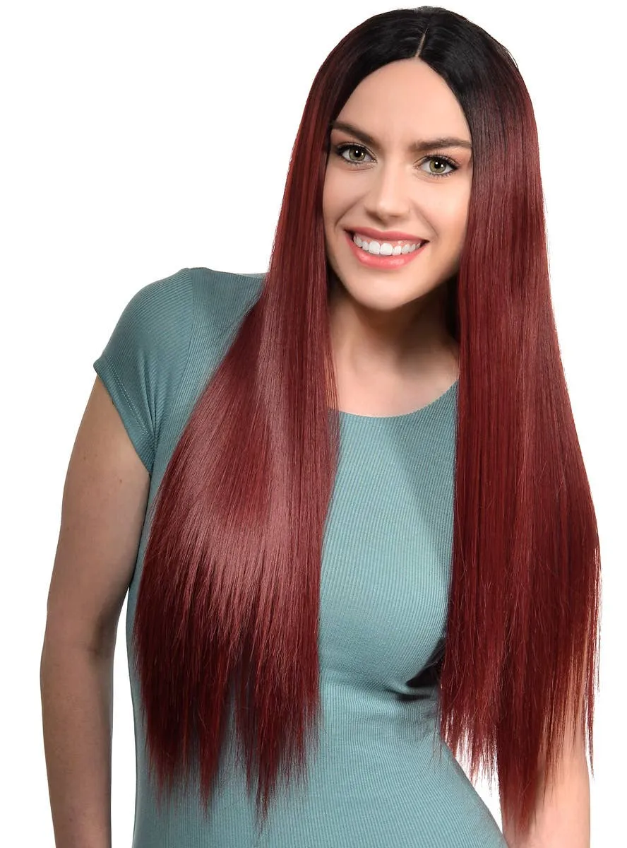 Deep Burgundy Rooted Long Straight Lace Part Fashion Wig