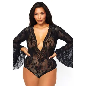 Deep V Bell Sleeve Bodysuit Black - Leg Avenue