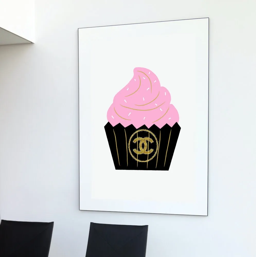 Designer Cupcake Wall Art INSTANT DOWNLOAD Art Print, Designer Wall Art Download, Fashion Art, Cake Balloon Poster, Glam Décor, Black And Gold, Preppy