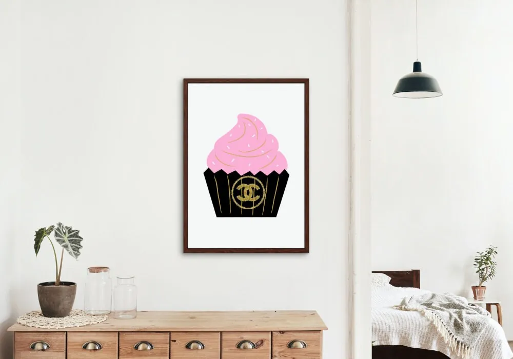 Designer Cupcake Wall Art INSTANT DOWNLOAD Art Print, Designer Wall Art Download, Fashion Art, Cake Balloon Poster, Glam Décor, Black And Gold, Preppy