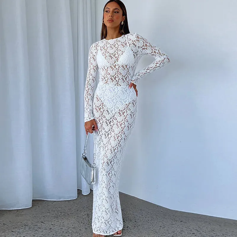 Elegant White Black Floral Lace Maxi Dress with Long Sleeves for Autumn Party Photoshoot