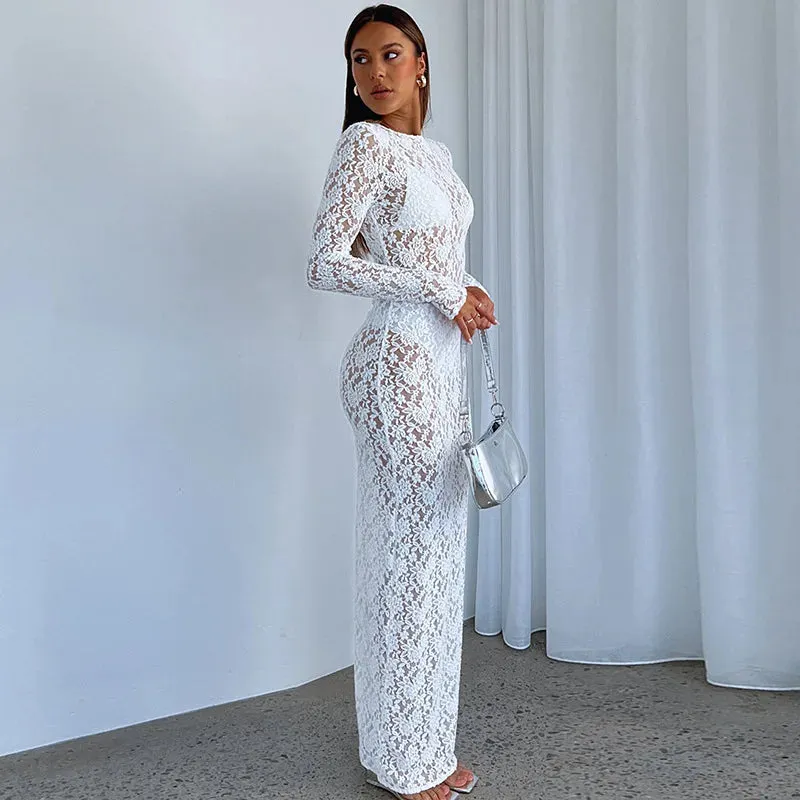 Elegant White Black Floral Lace Maxi Dress with Long Sleeves for Autumn Party Photoshoot