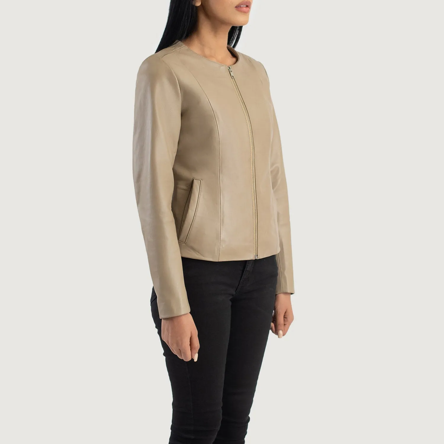 Elixir Beige Collarless Leather Jacket