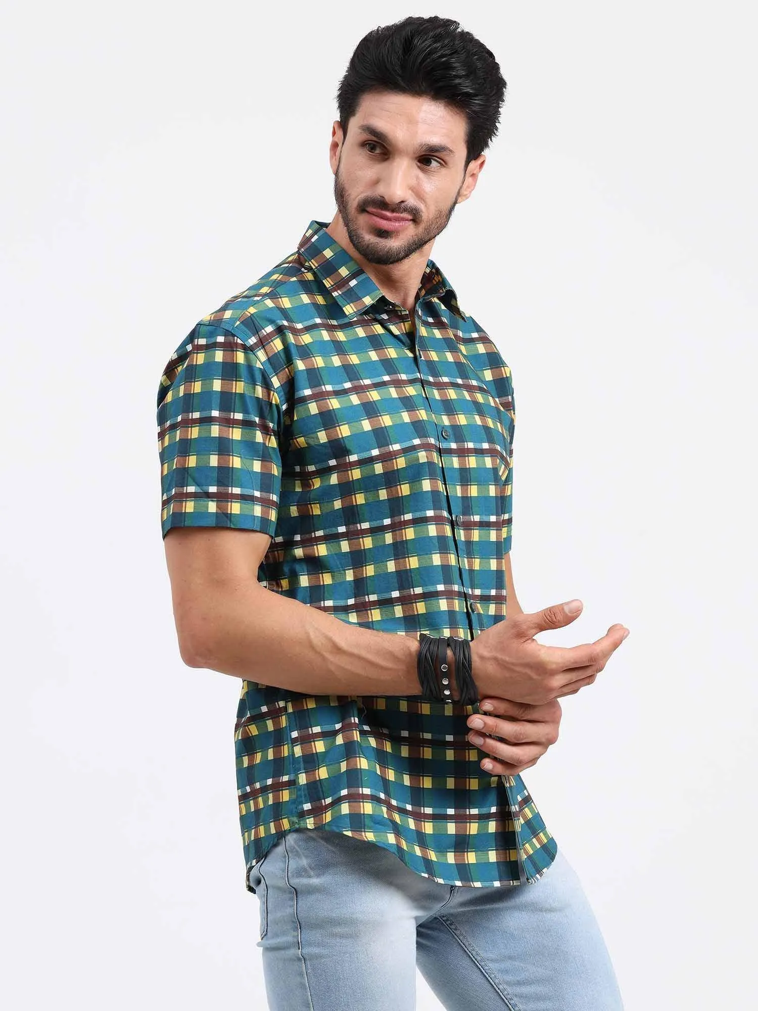 Emerald Yellow Check Cotton Half Sleeve Shirt