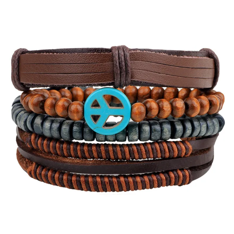 Fashion Cowhide Twine Wooden Bead Braided Bracelet Set