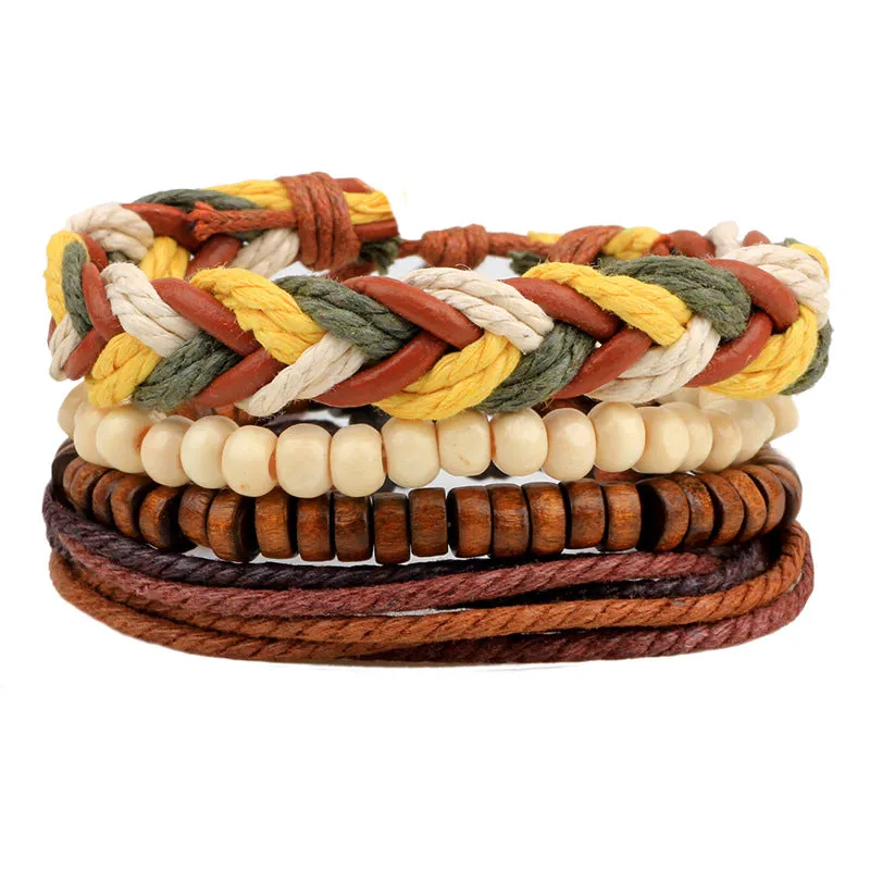 Fashion Cowhide Twine Wooden Bead Braided Bracelet Set