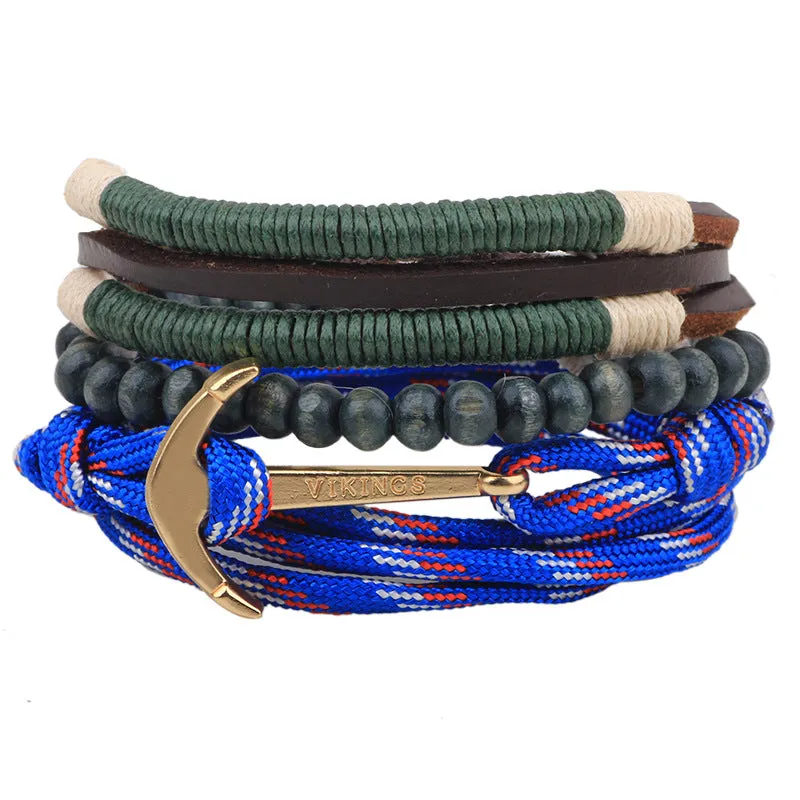 Fashion Cowhide Twine Wooden Bead Braided Bracelet Set