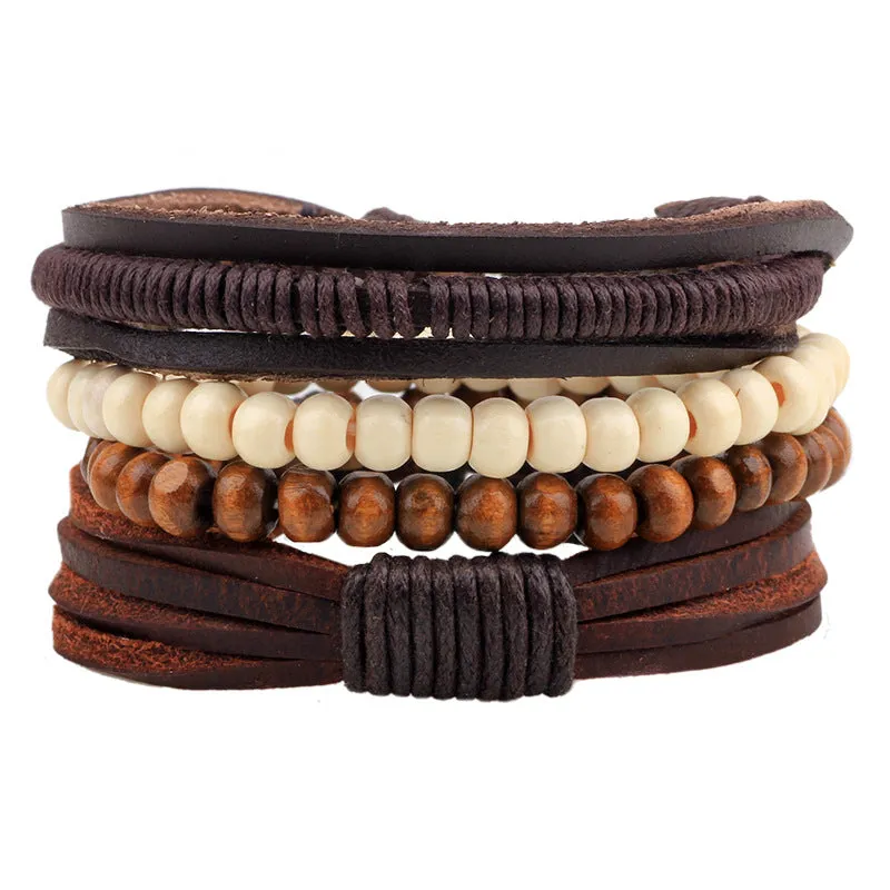 Fashion Cowhide Twine Wooden Bead Braided Bracelet Set