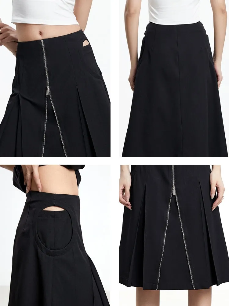 Front-Zip Cool Casual Long Flare-Skirt