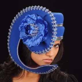 FW1136-Blue felt winter hat with silver and blue trim and large satin flower