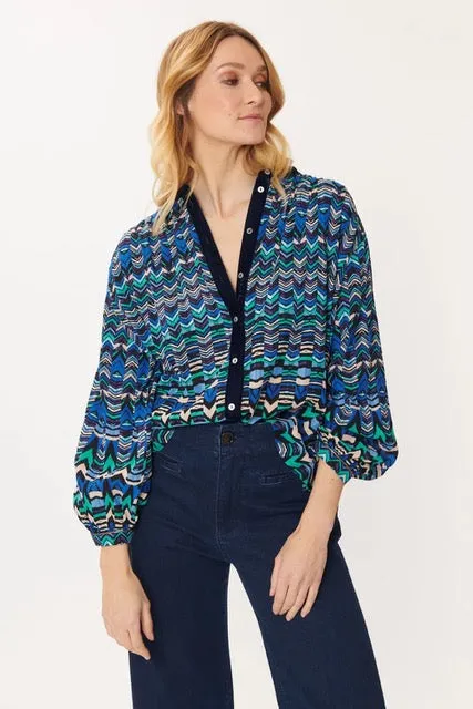 Geo Velvet Trim Top - Blue