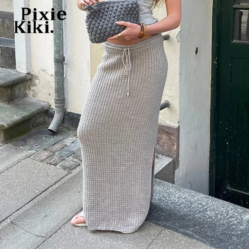 Grey Knitted Drawstring Split Long Skirts Fall Winter Clothes 2024 Women Elegant Maxi Skirt P84-DC50