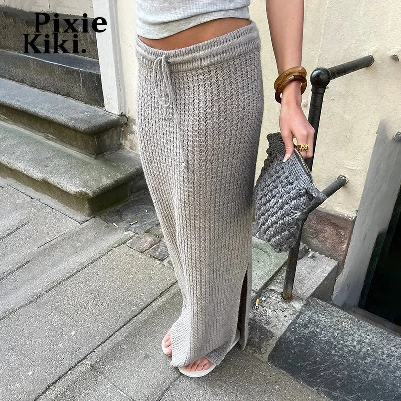 Grey Knitted Drawstring Split Long Skirts Fall Winter Clothes 2024 Women Elegant Maxi Skirt P84-DC50