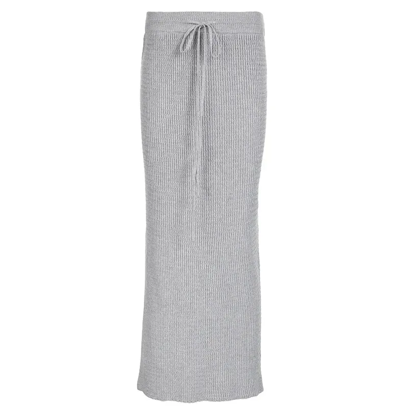 Grey Knitted Drawstring Split Long Skirts Fall Winter Clothes 2024 Women Elegant Maxi Skirt P84-DC50