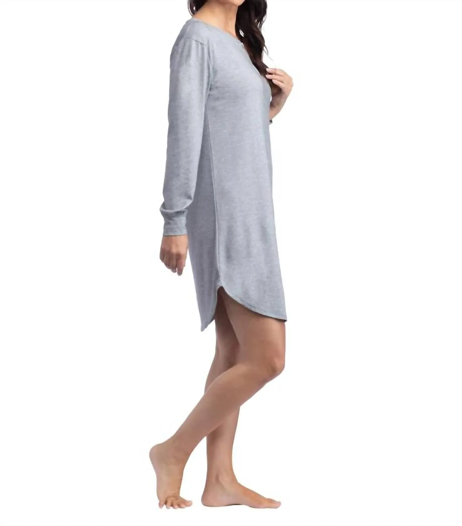 Hannah - 36" Ls Henley Sleep Shirt in Heather Grey