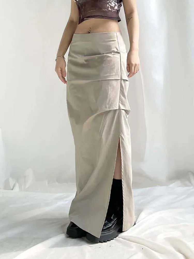 Harajuku Fashion Low Waist Solid Maxi Skirt Women High Waist Retro Ruched Cargo Skirts Long Split Tech Outfits Korean