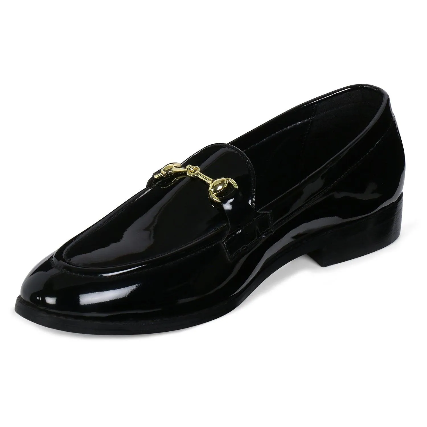 Henley Patent Black Horsebit Buckle Loafers.