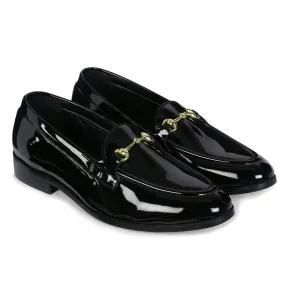 Henley Patent Black Horsebit Buckle Loafers.