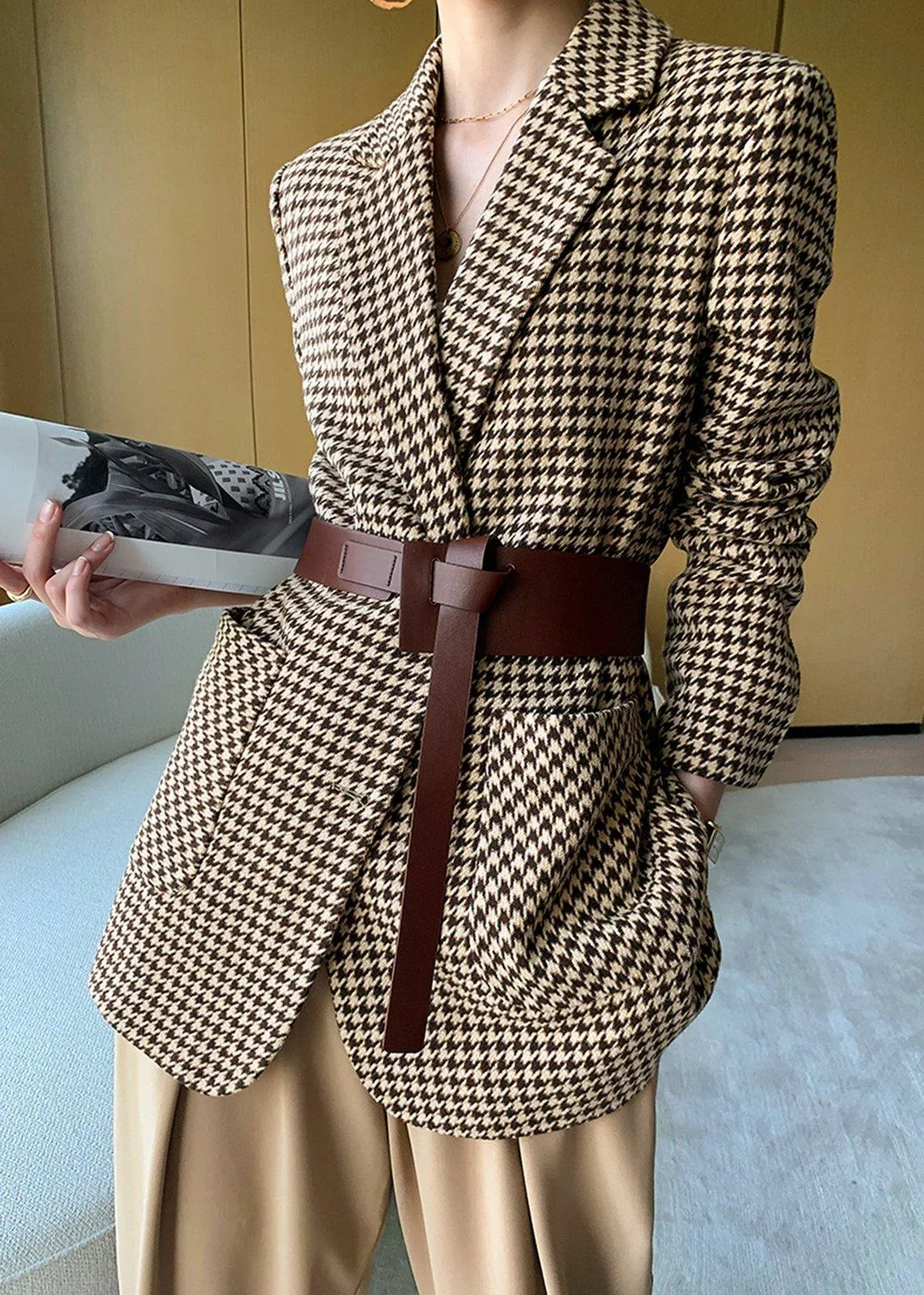 Houndstooth Wool Blend Belted Blazer