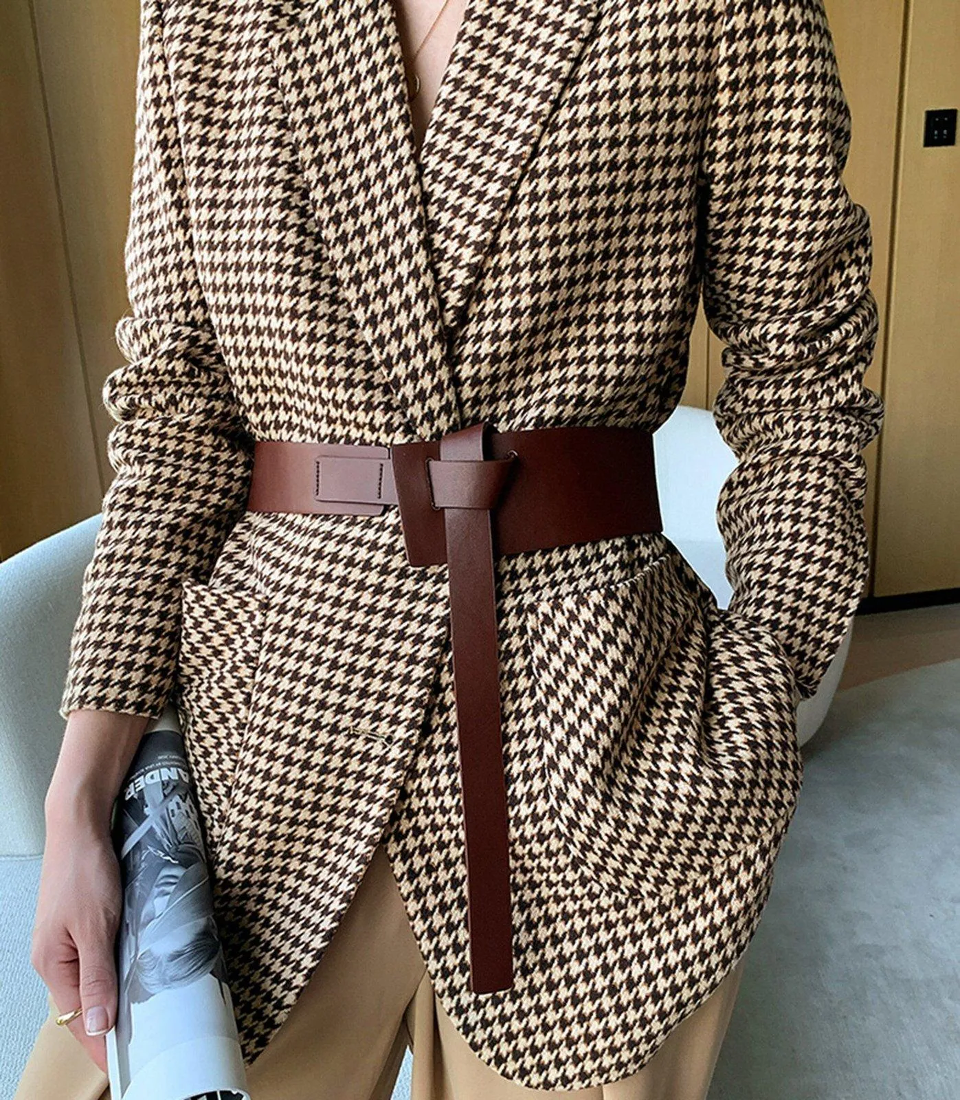 Houndstooth Wool Blend Belted Blazer