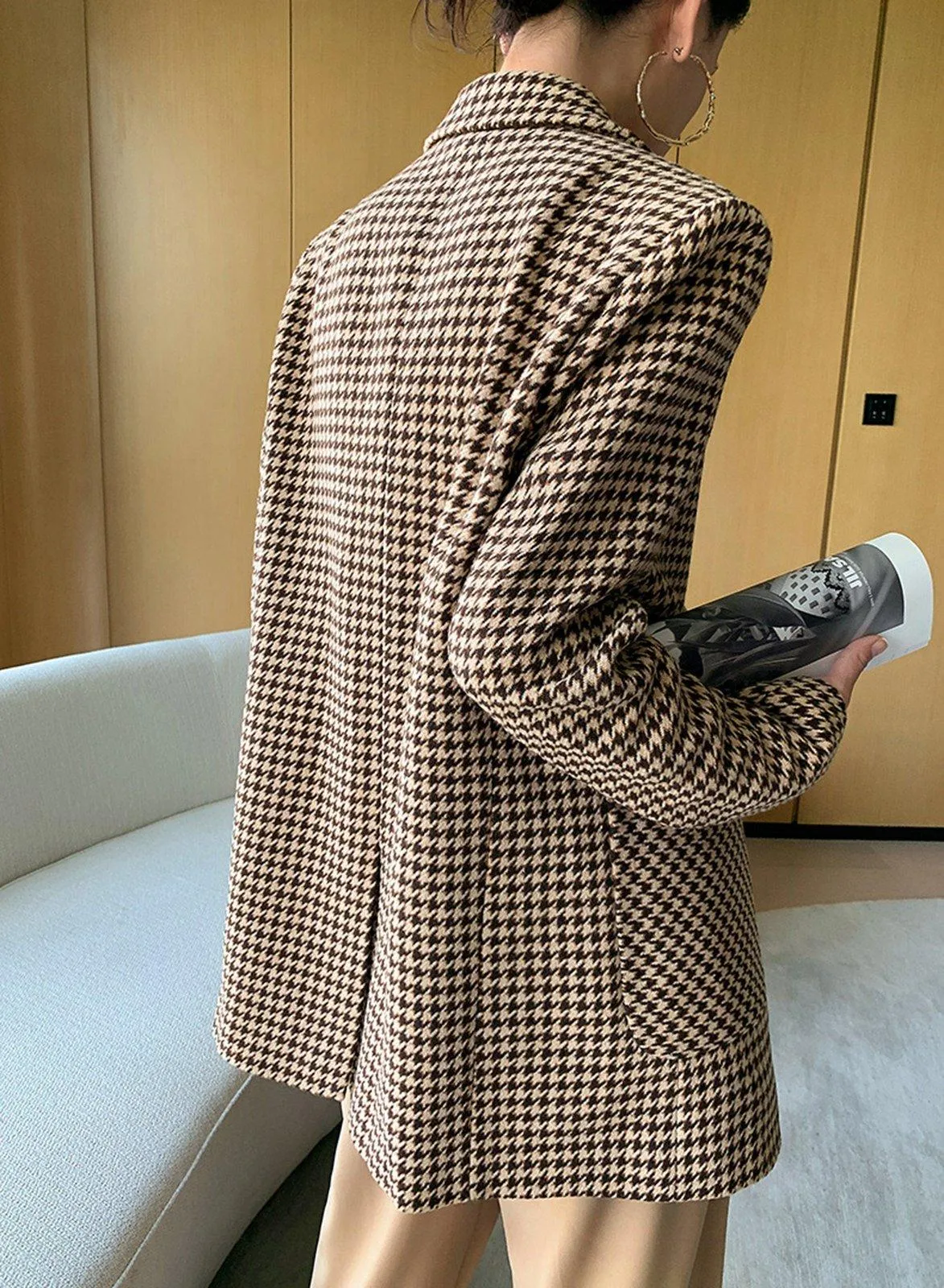 Houndstooth Wool Blend Belted Blazer