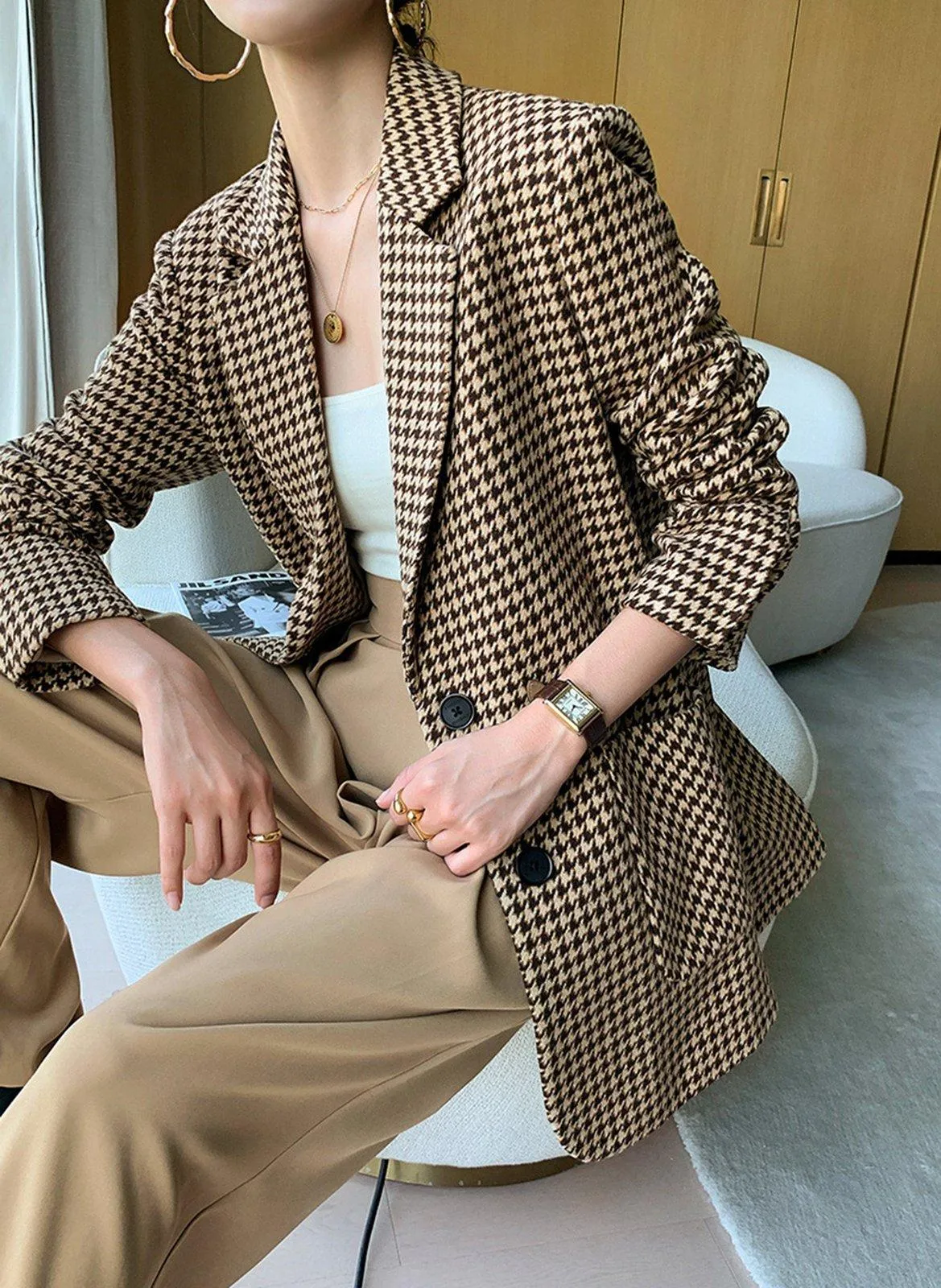 Houndstooth Wool Blend Belted Blazer