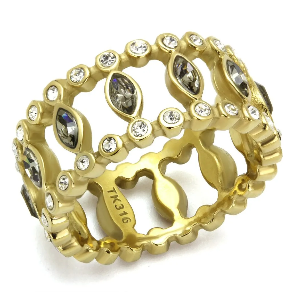 IP Gold(Ion Plating) Stainless Steel Ring with Top Grade Crystal in Black Diamond for Women Style TK2907