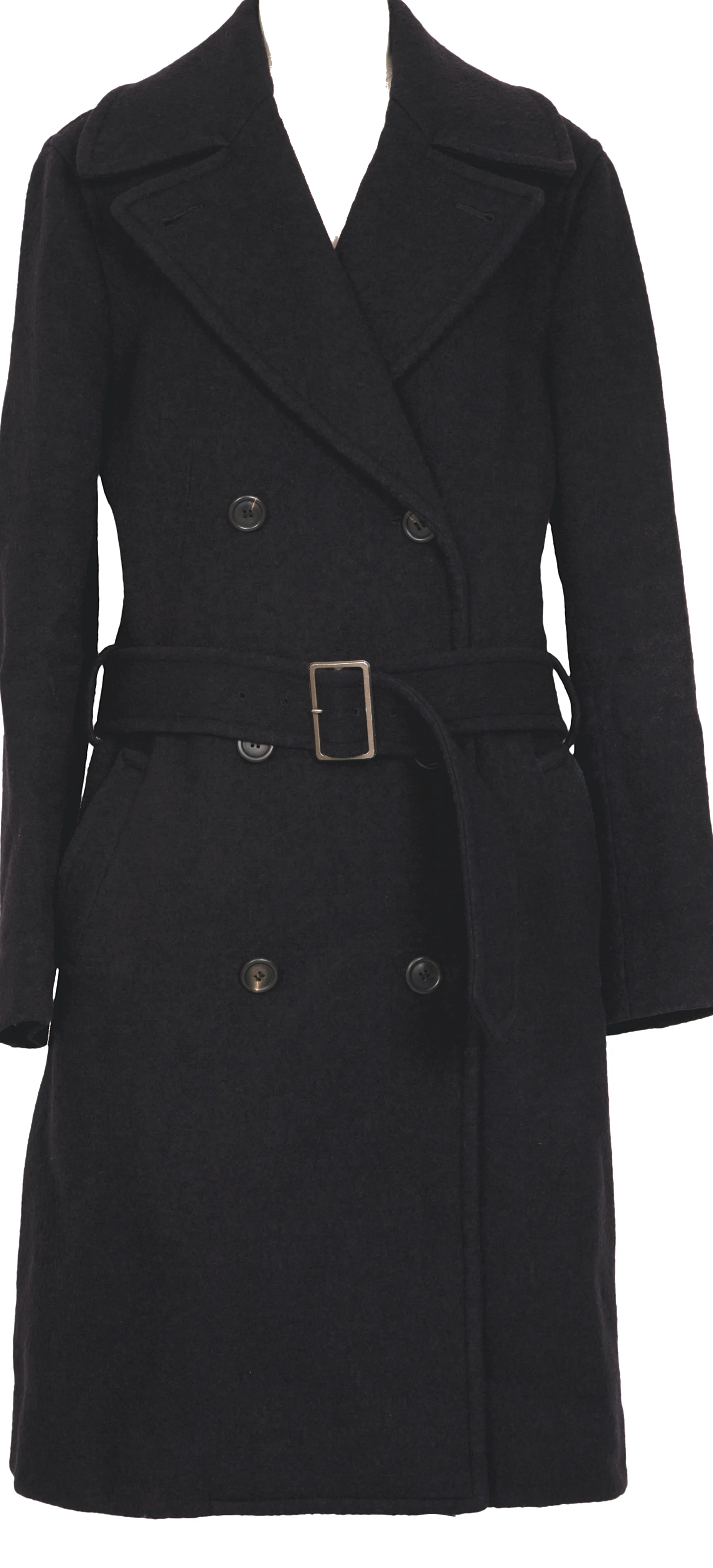 ISSEY MIYAKE JAPAN. FETE. Dark Navy Wool Cotton Belted Coat