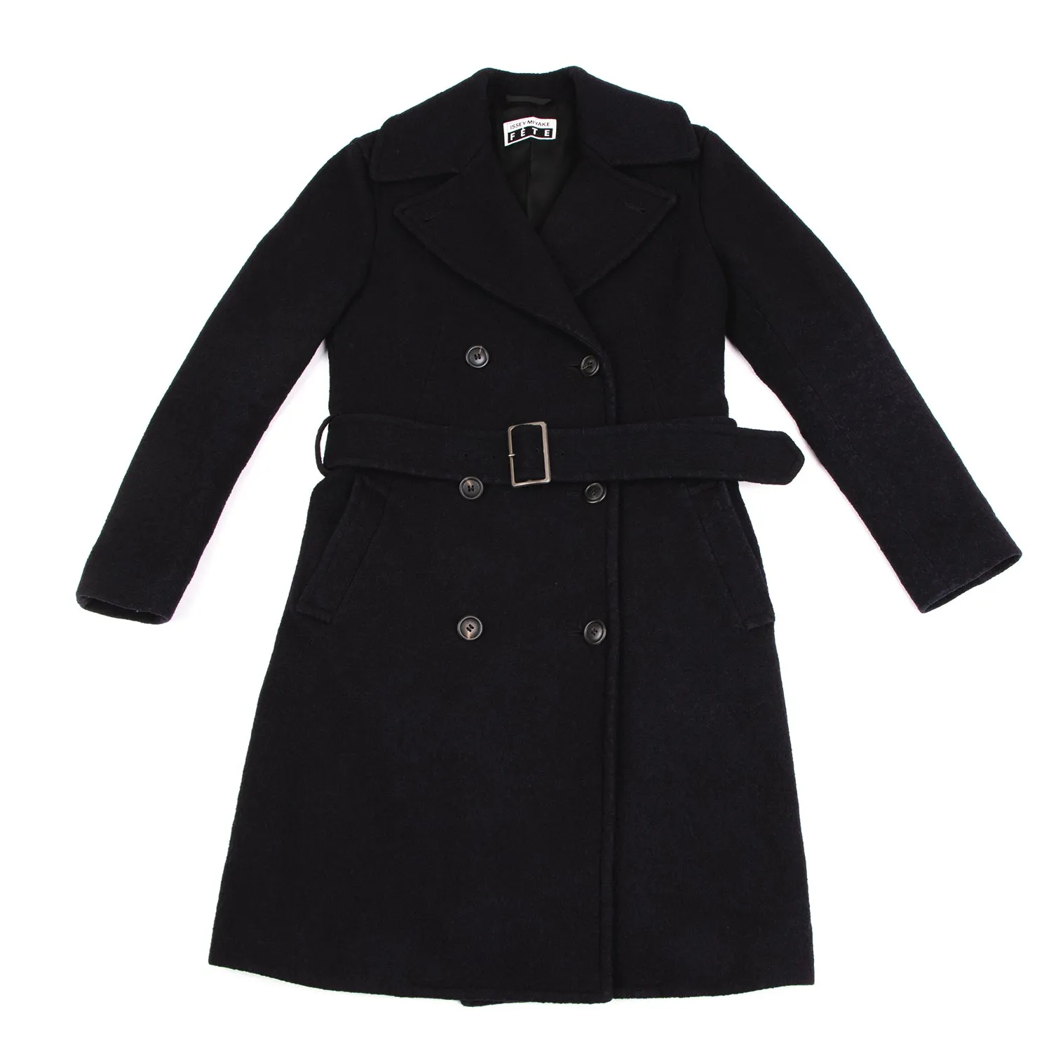 ISSEY MIYAKE JAPAN. FETE. Dark Navy Wool Cotton Belted Coat