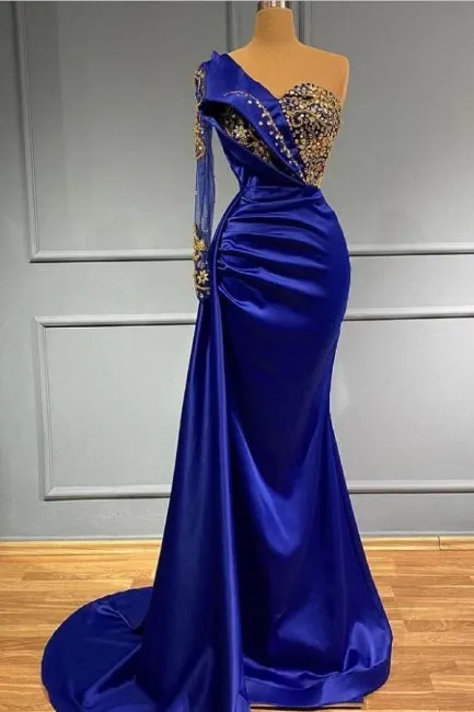 kamahe Elgeant Royal Blue One Shoulder Mermaid Prom Dresses with Sleeves