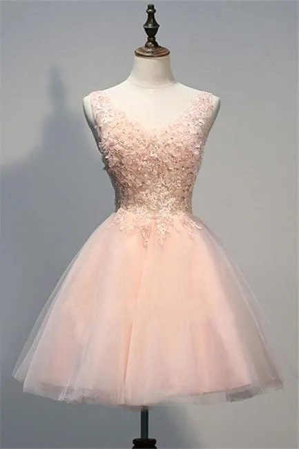 kamahe Pink Prom Dresses Evening Dresses Short With Lace Appliques A Line Tulle Evening Wear