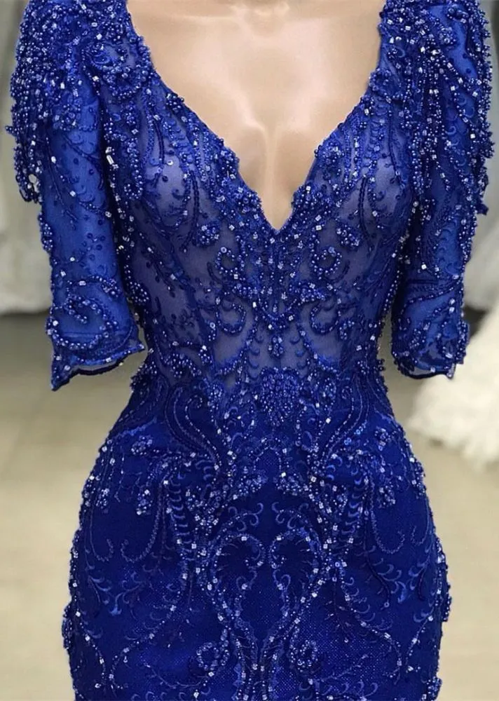 kamahe Royal blue Beaded Lace appliques 1/2 sleeve Mermaid Prom Party Gowns