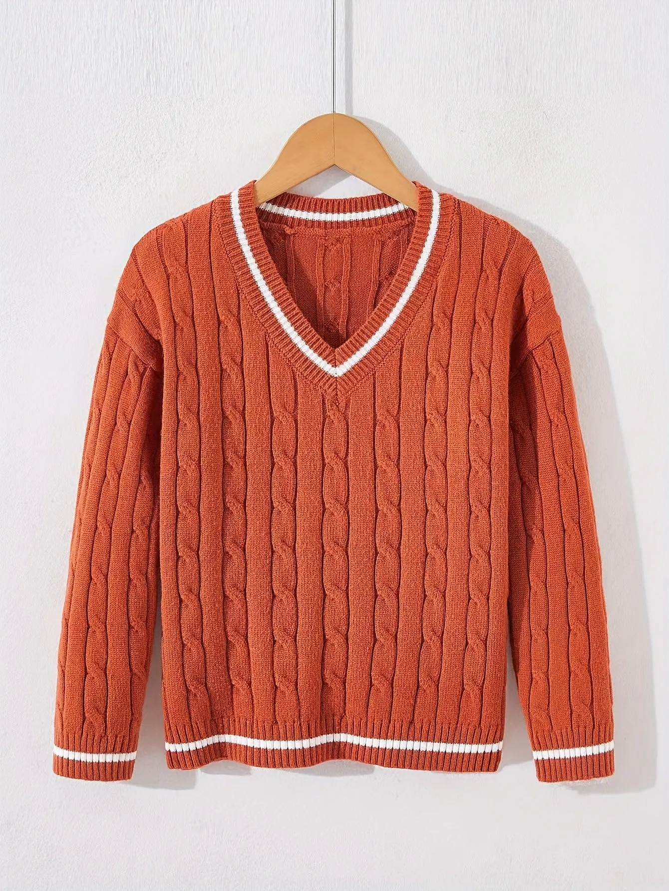 Kid's Preppy V-neck Sweater, Cable Knit, Long Sleeve, Casual, Spring/Fall/Winter